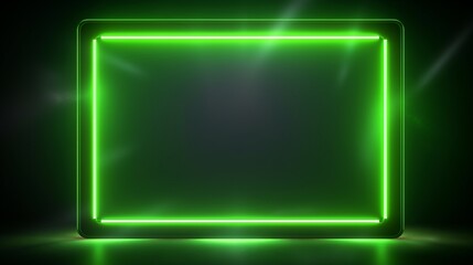 Empty dark background with green fluorescent neon laser lights. Party and night club concept background with copy space for text or product display.