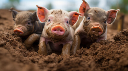 three piglets playfully rolling in mud, vibrant colors - obrazy, fototapety, plakaty