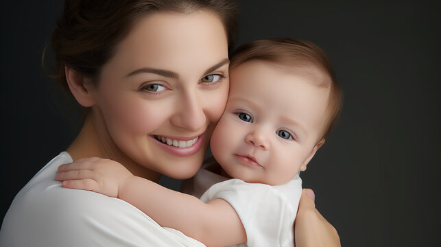 Mother and baby embracing, closeup in studio style portraiture. Created using ai generative. 