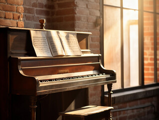 upright piano, vintage aesthetic, well-worn wood, faded sheet music on the stand, placed against a...