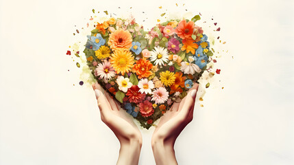 Hands holding a heart made of various vibrant flowers.