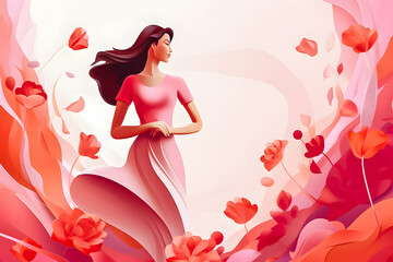 Fototapeta premium Graceful woman in pink dress surrounded by a swirl of roses.