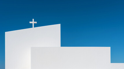 Minimalist modern church, all-white exterior, stark contrast against blue sky, high noon