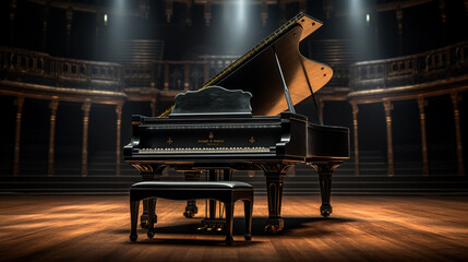 grand piano, open lid, intricate wood detailing, polished ebony finish, lit by a single overhead...