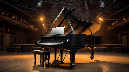 grand piano, open lid, intricate wood detailing, polished ebony finish, lit by a single overhead...
