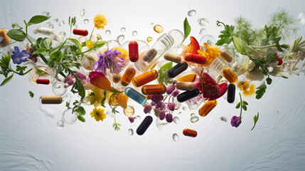 colorful array of herbal supplement capsules spilled from a bottle, white marble background