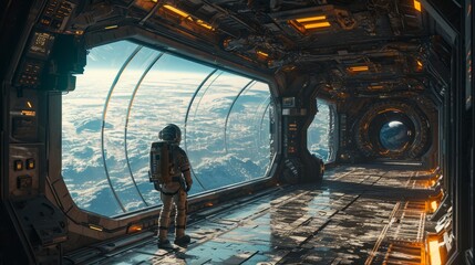 Astronaut standing in spacestation with big windows orbiting a planet.