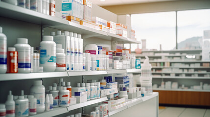 pharmacy shelf, various branded prescription medications