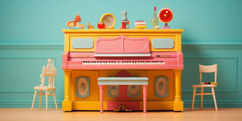 toy piano, whimsical, colorful, placed on a wooden table against a pastel-colored backdrop