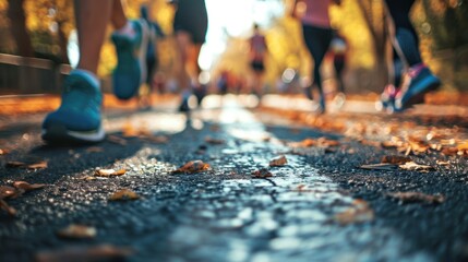 a low perspective of runners' feet on a wet asphalt path, strewn with autumn leaves, possibly at...