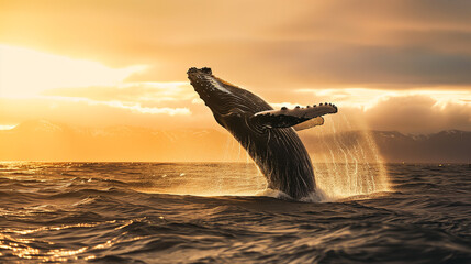 A humpback whale jumping out of the sea water at a beautiful sunset - obrazy, fototapety, plakaty