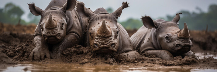Rhino family in the mud, baby rhino between parents, intimate moment
