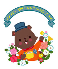 Groundhog Day,  Cute groundhog greeting spring stickers ,cartoon illustration 
