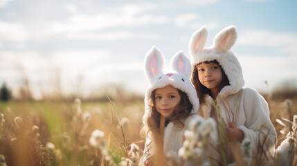 Duas crianças fofas no campo vestidas com orelhas de coelho - Papel de parede no estilo pascoa