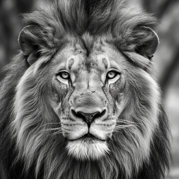 A lion face in black and white 