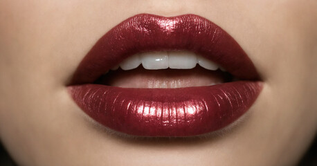 Fototapeta premium A captivating close-up photo featuring a girl with beautifully enhanced lips through permanent makeup, showcasing the artistry and beauty of lip blush or lip tattoo.
