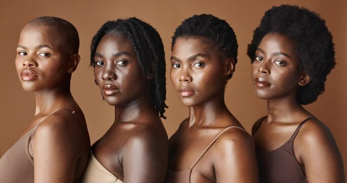 Beauty, face or black women with skincare, glowing skin or afro isolated on brown background. Facial dermatology, models or natural cosmetics for makeup in studio with girl friends or African people