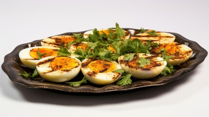  a plate filled with hard boiled eggs and garnished with green leafy garnish on a white background.