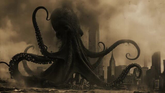 Giant squid attacking the city in noir style horroristic scene with smoke and dust animation