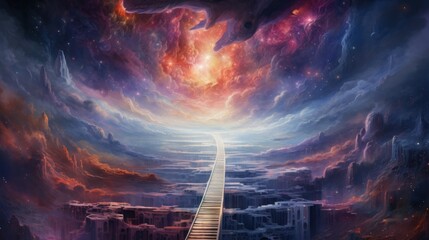  a painting of a sky filled with clouds and a stairway leading to a sky filled with clouds and a sky filled with stars.