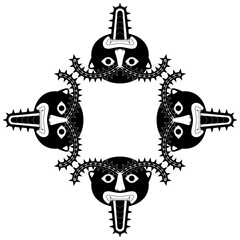 Fototapeta na wymiar Square ethnic cross shape frame with human faces and cacti spiky motifs. Four tribal masks with cactus tongues and eyebrows. Ancient Peruvian art of Nazca Indians. Black and white silhouette.