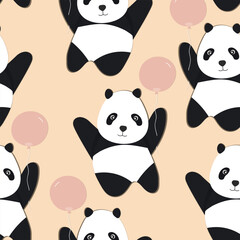 Seamless pattern with cute panda baby on color background. Funny asian animals. Card, postcards for kids. Flat vector illustration for fabric, textile, wallpaper, poster, gift wrapping paper
