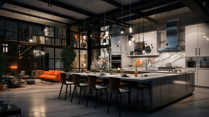 Fototapeta na wymiar Moderne Küche mit stilvoller Beleuchtung