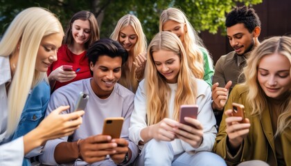 Group of young people using smart mobile phone outdoors, Happy friends with smartphone laughing together watching funny video on social media platform - Tech and modern life style