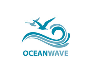icon of sea waves with seagulls isolated on white background