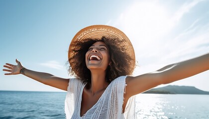 Happy woman with arms outstretched enjoying freedom at the beach , Joyful female having fun walking outside , Healthy lifestyle, happiness and mental health