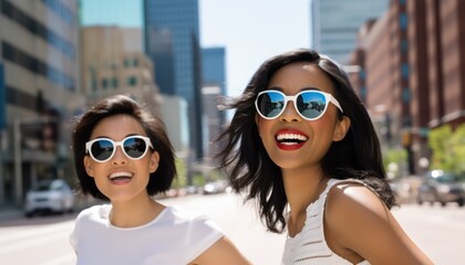 Multiracial young women having fun walking on city street , Happy girlfriends hanging outside on a sunny day , Different females laughing together outside , Life style and friendship