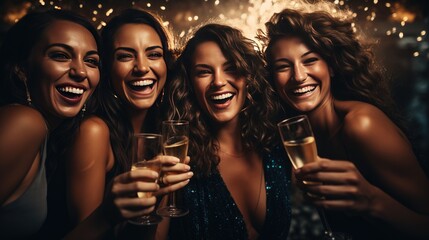 young women group portriat on new year's eve party with champagne and fireworks - obrazy, fototapety, plakaty