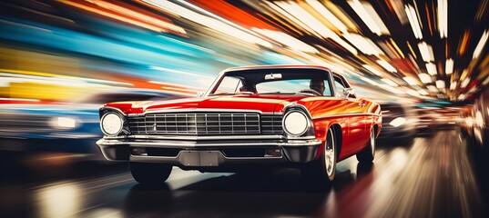 Blurred bokeh with vibrant car showroom scenes and vintage car imagery for automotive backdrop