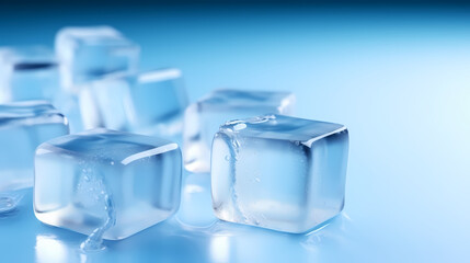 Frozen ice cubes on blue background with copy space