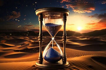 An ancient hourglass, with sand flowing slowly, and a full moon in the background, panning