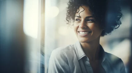 Foto op Plexiglas Bella donna con capelli ricci in un moderno ufficio con abito elegante e un bel sorriso © Wabisabi