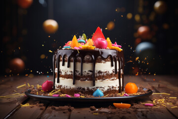 Cake with sponge and cream layers, dipped in dark chocolate and decorated with fresh berries and candied fruits.