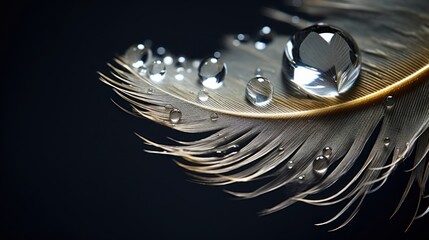  a close up of a feather with drops of water on the tip of it and on the tip of a feather with drops of water on it.