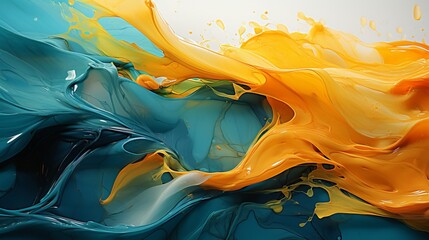 a presentation background of different paint splashes collision: A close-up on a vortex of liquid acrylic paint, yellow, green and white, filling the frame.