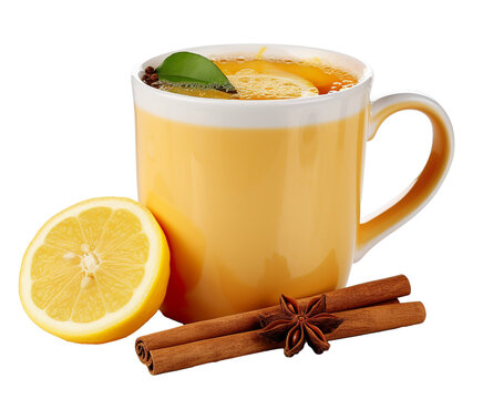 Steaming mug of tea with lemon and honey
