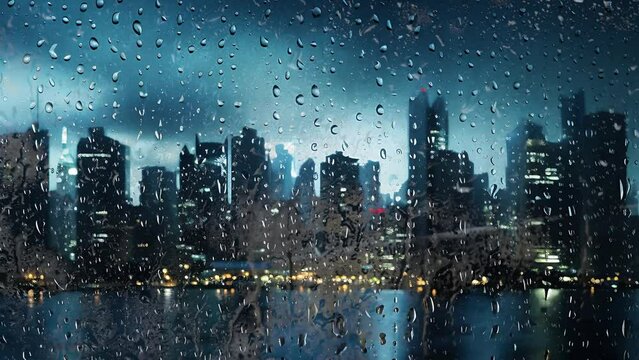 view of rainwater droplets on glass window with the view of cityscape
