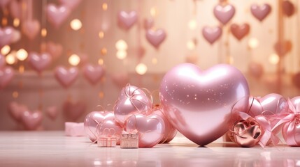 Pink glossy volumetric hearts, gift boxes, ribbons and burning candles against the blurred background with bokeh effect. Valentine's Day concept.