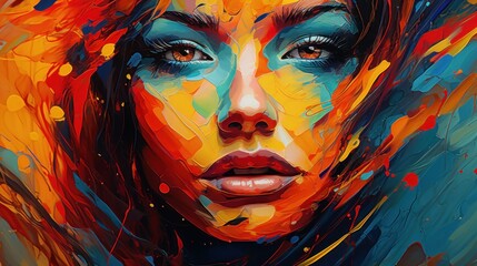  a painting of a woman's face with blue and orange paint splatters all over her body and face.