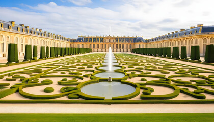 Garden and facade of the palace of versailles. Beautiful gardens outdoors near Paris, France. The Palace Versailles was a royal chateau and was added to the UNESCO list. 
