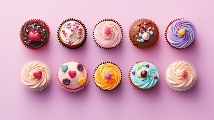  a bunch of cupcakes that are sitting in a row on top of a pink surface with white frosting and sprinkles on the top of the cupcakes.