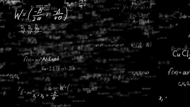 Animated physic formulas on blackboard background, 3D Animation, concepts, ideas, 4K