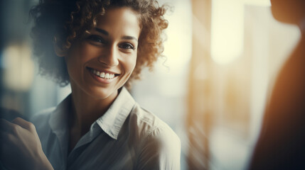 Bella donna con capelli ricci in un moderno ufficio con abito elegante e un bel sorriso - obrazy, fototapety, plakaty