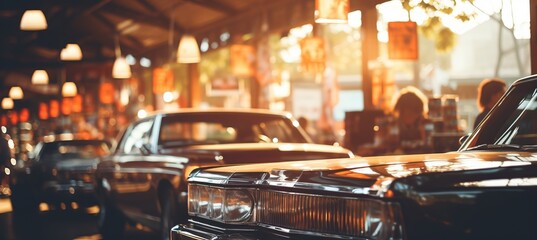 Captivating backdrop  blurred bokeh overlay with vibrant car showroom scenes and vintage car imagery