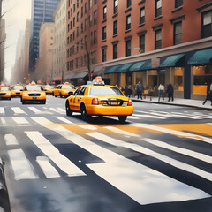 New York City street with taxi: watercolor art painting capturing urban landscape, architecture and...
