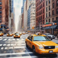 Fototapeta na wymiar New York City street with taxi: watercolor art painting capturing urban landscape, architecture and the vibrant city life.